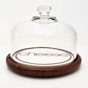 Vintage Glass Teak Wood Cheese Dome